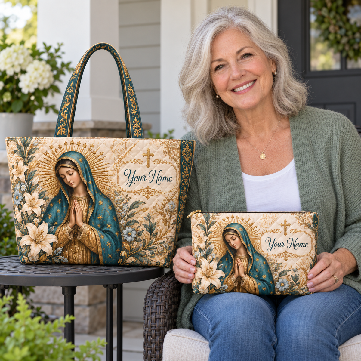 Personalized Teal Lily Quilted Shoulder Bag & Storage Bag