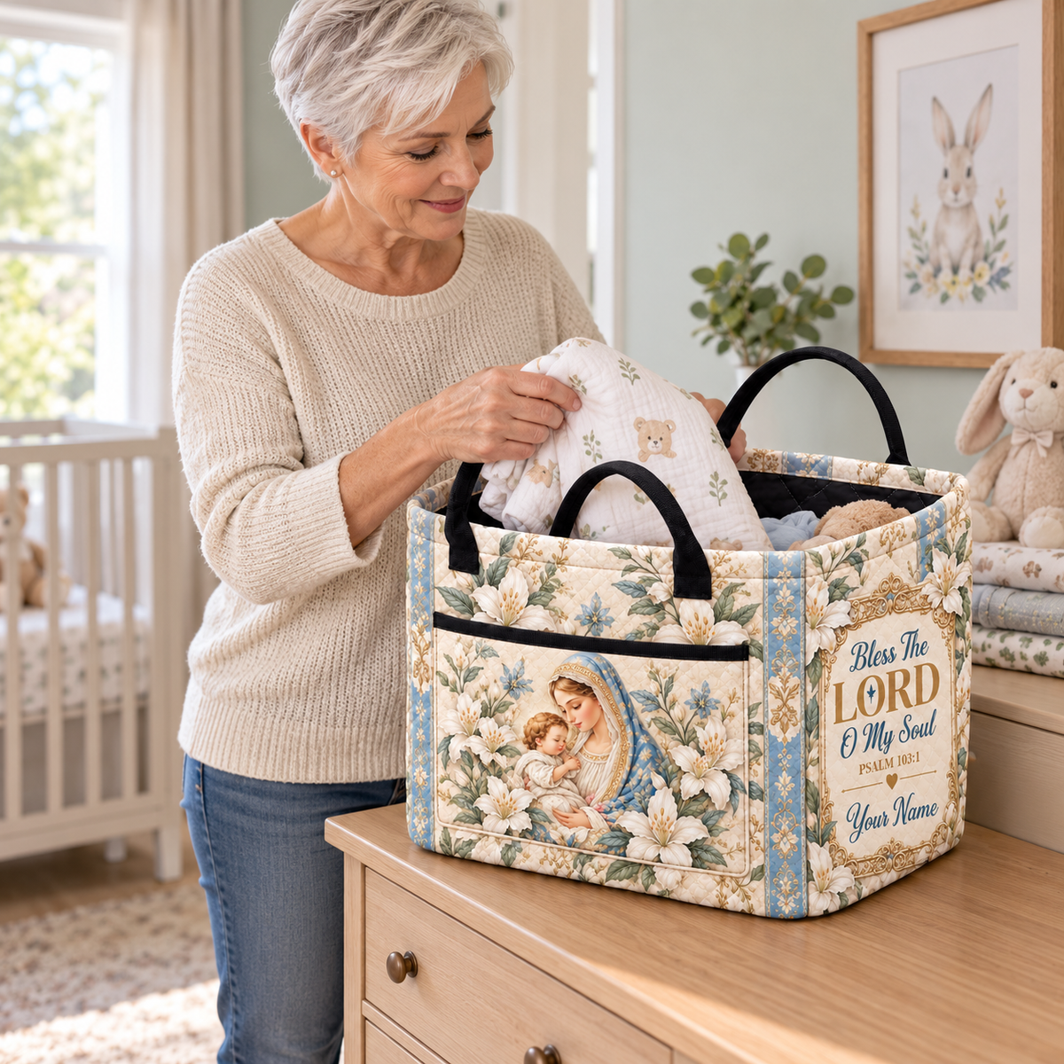 Personalized Mother & Child Floral Quilted Storage Basket
