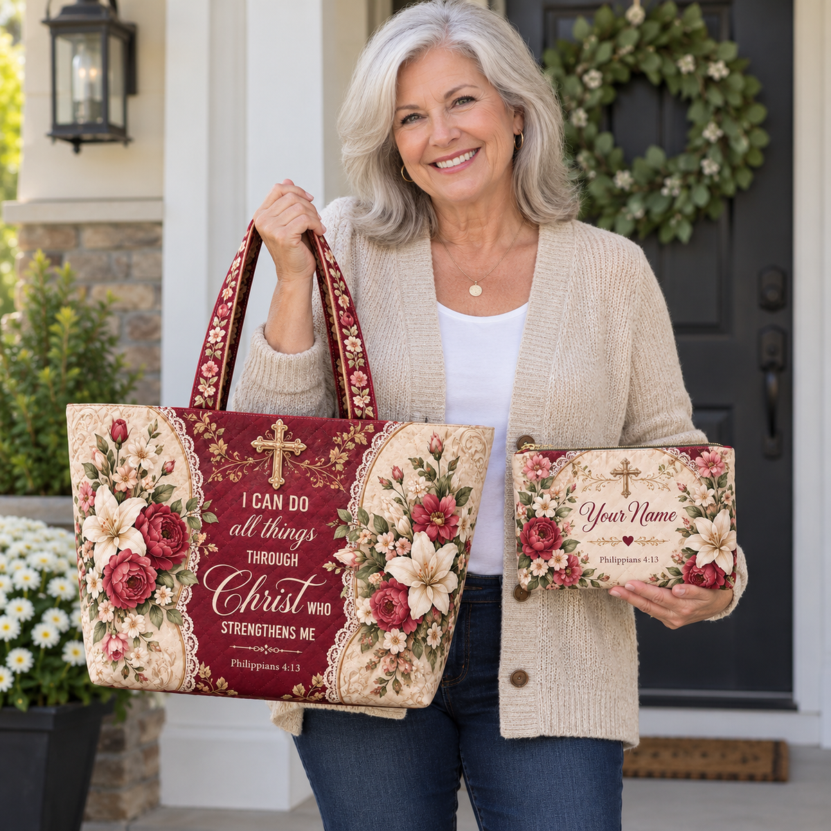 Personalized Burgundy Floral Quilted Shoulder Bag & Storage Bag
