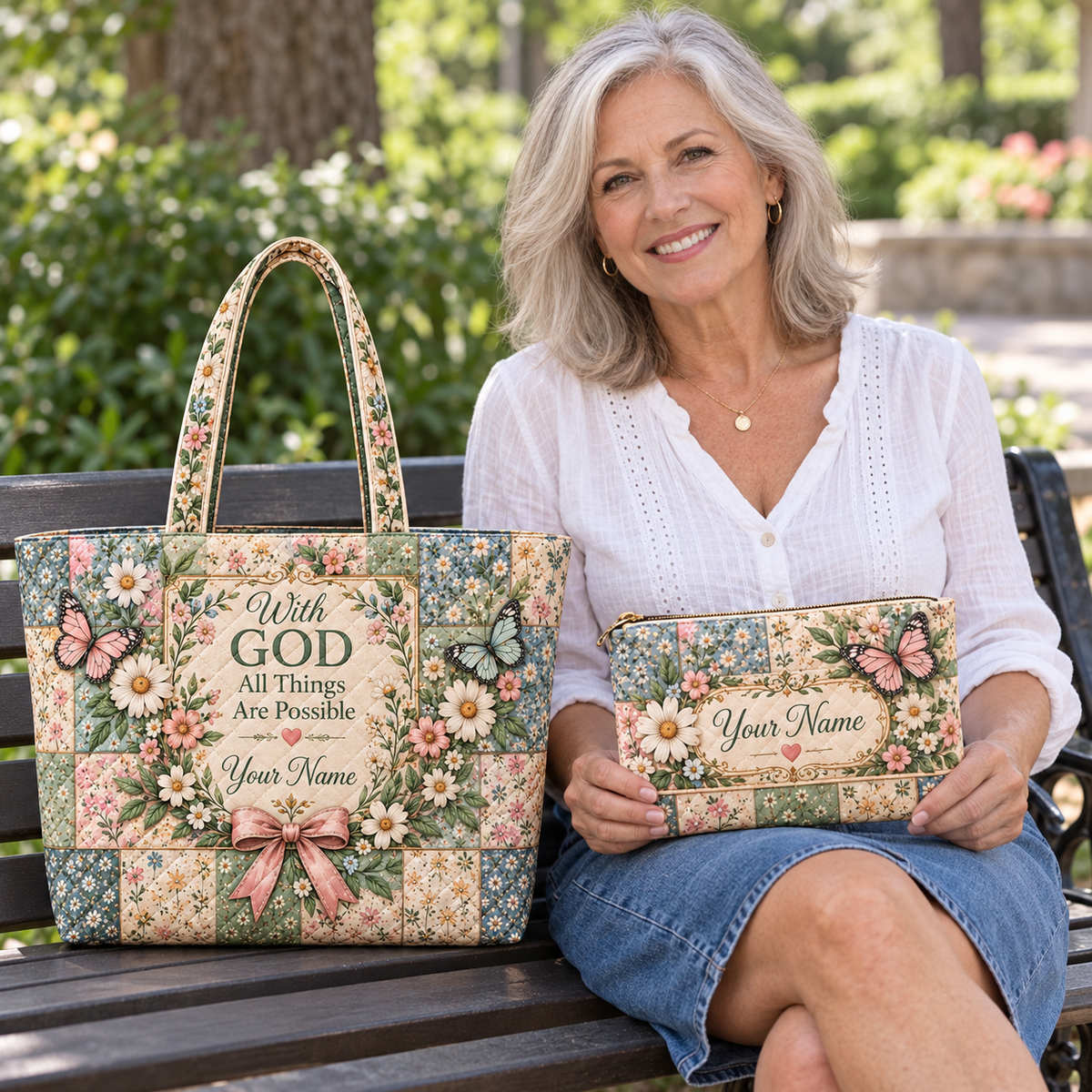 Personalized Pastel Butterflies & Daisies Quilted Shoulder Bag & Storage Bag