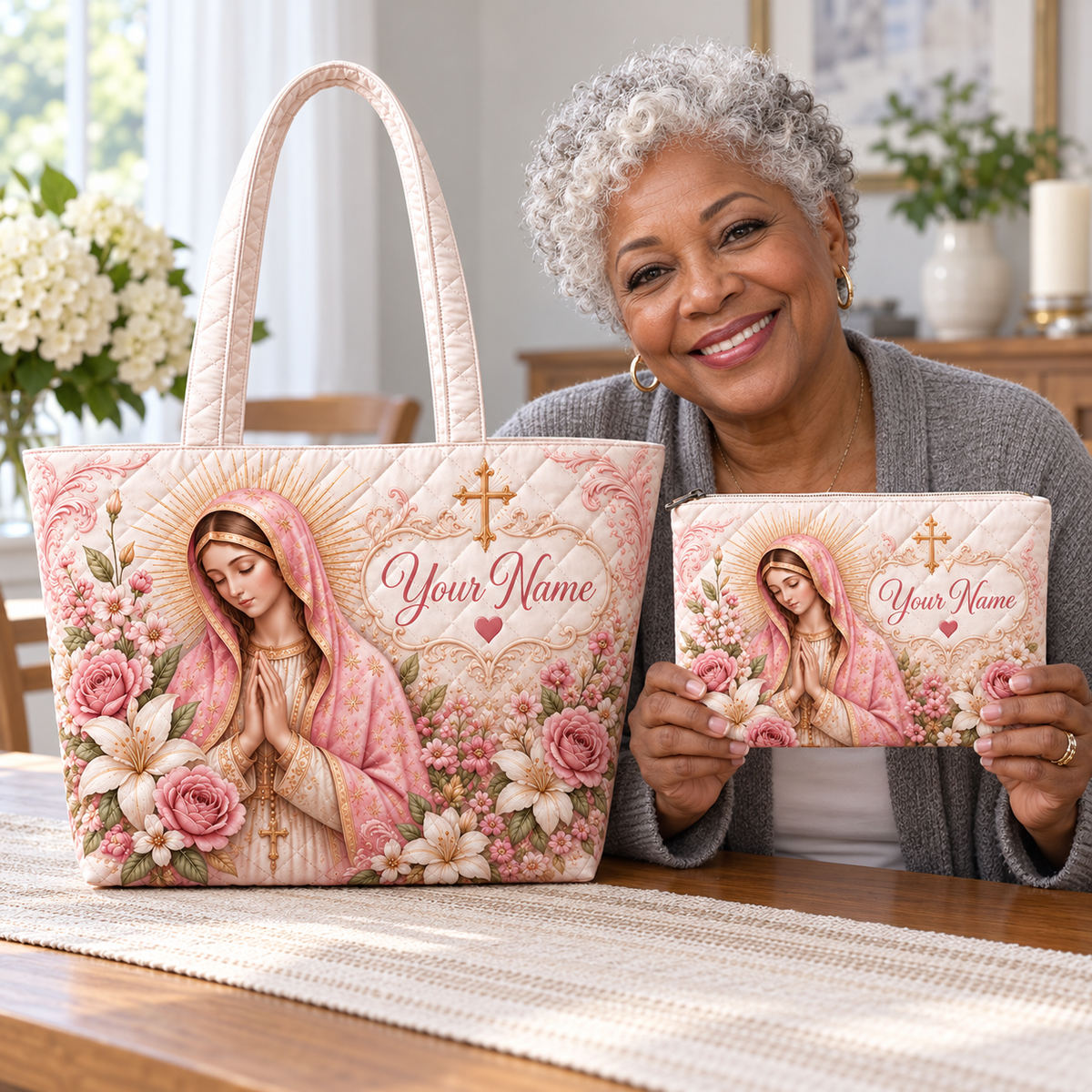 Personalized Blush Rose Quilted Shoulder Bag & Storage Bag