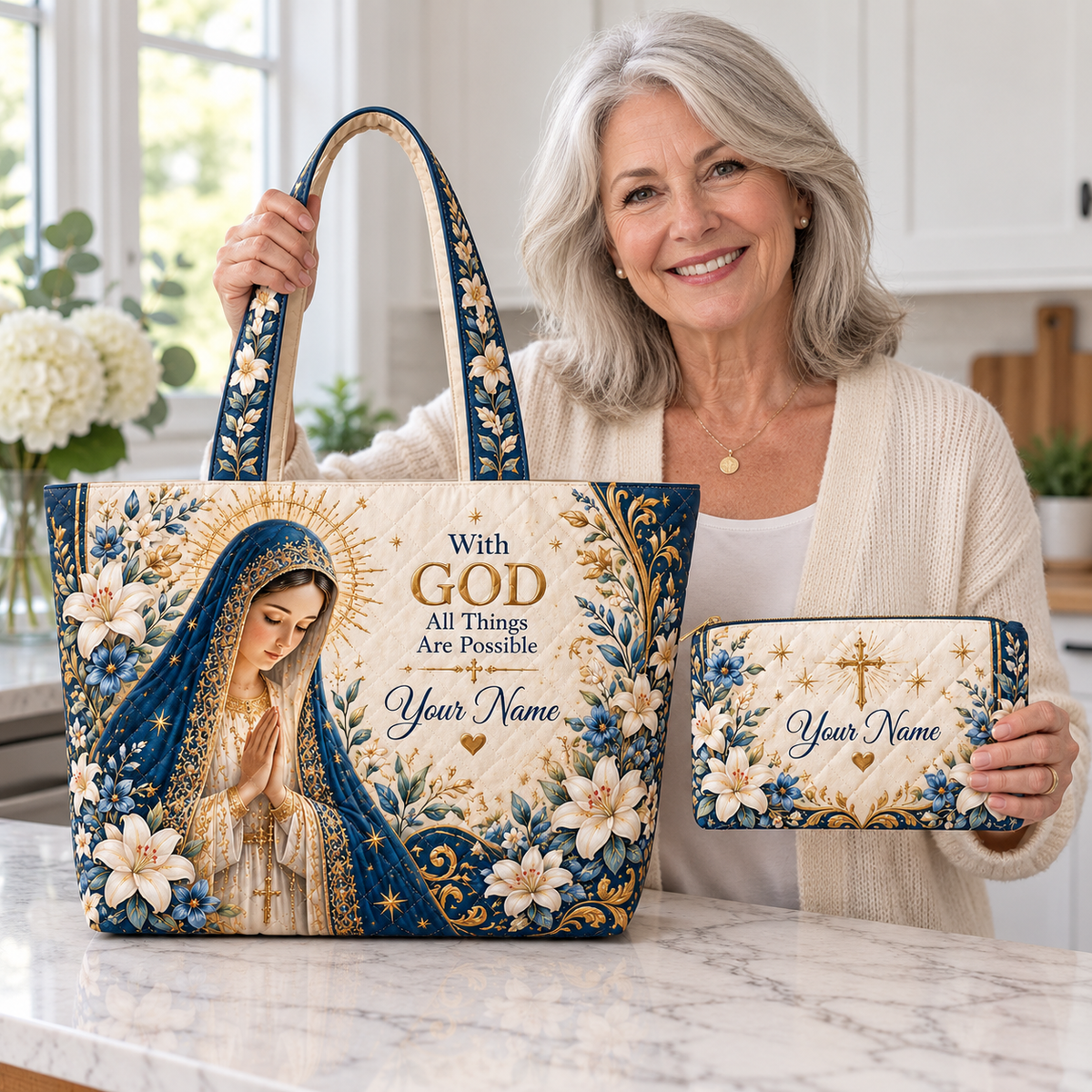 Personalized Blue Veil Floral Quilted Shoulder Bag & Storage Bag