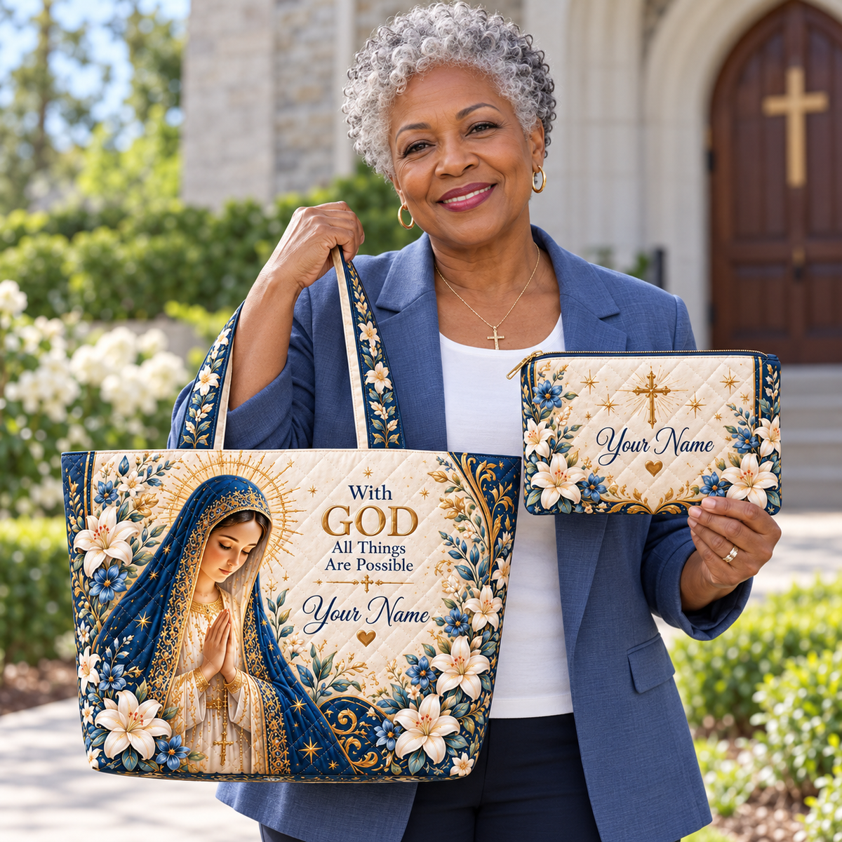 Personalized Blue Veil Floral Quilted Shoulder Bag & Storage Bag