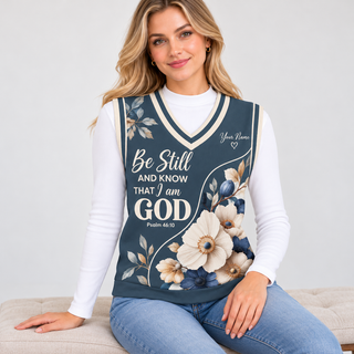 Personalized Navy Cream Floral Knitted V-Neck Vest