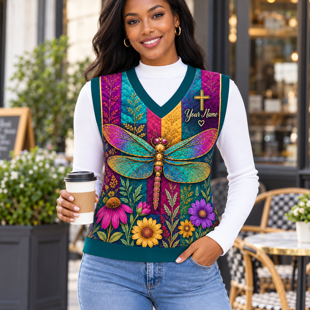 Personalized Jewel Dragonfly Floral Knitted V-Neck Vest
