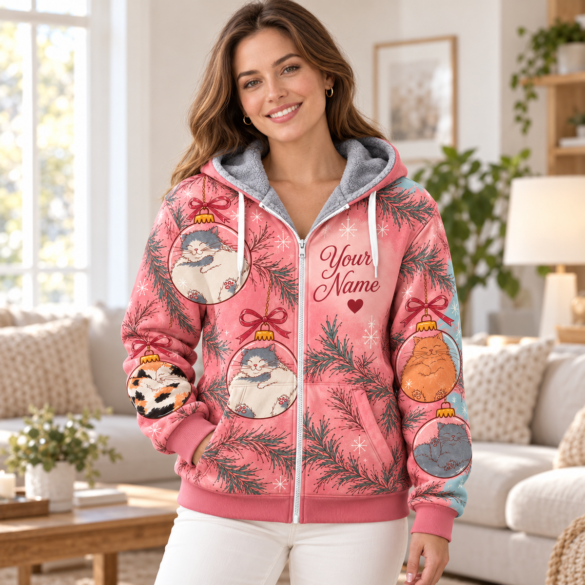 Fluffy Cat Ornament Personalized Fleece Jacket