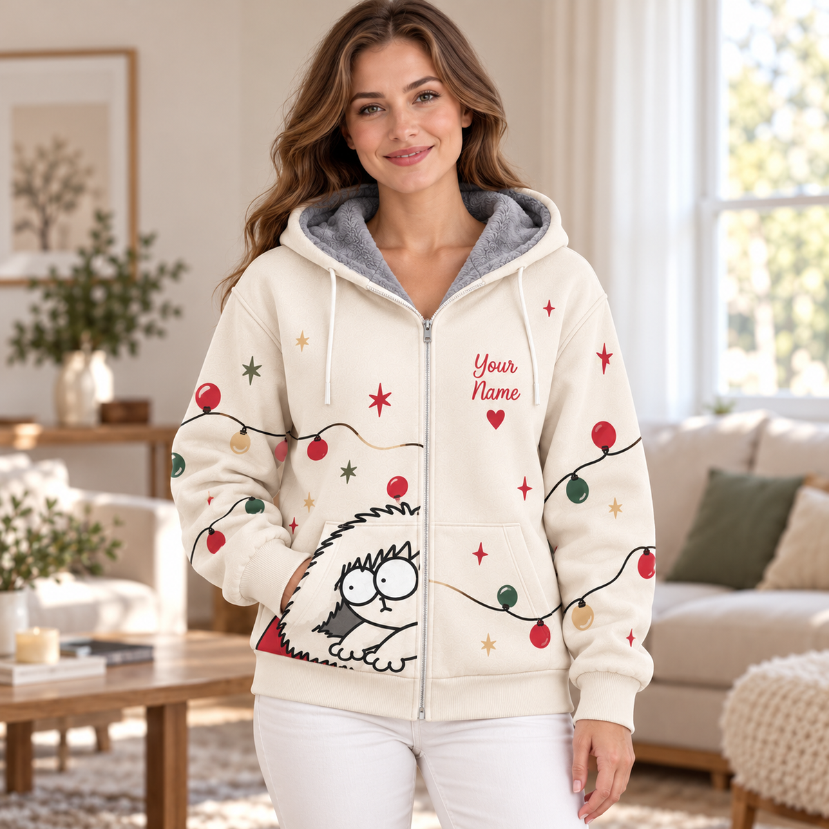 Santa Hat Fluffy Cat Personalized Fleece Jacket