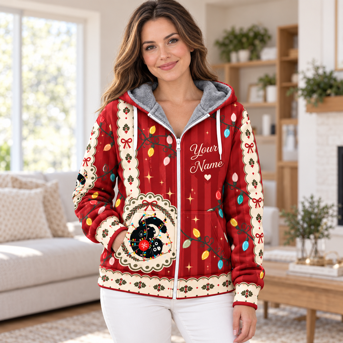 Black Cat Christmas Lace Personalized Fleece Jacket