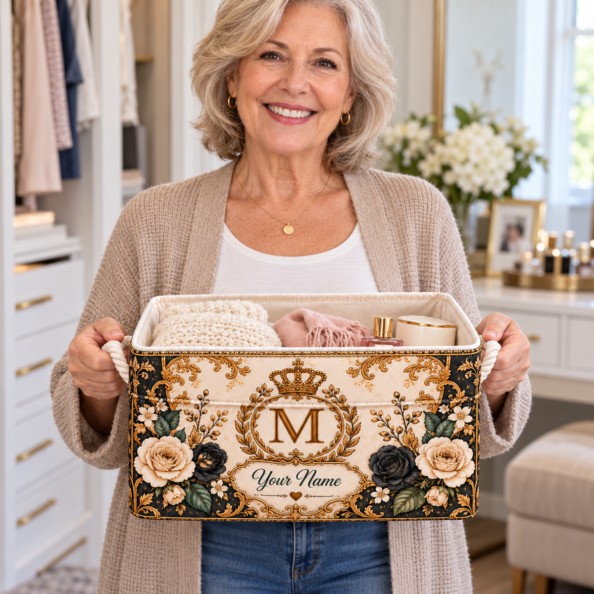 Personalized Black Cream Rose Monogram Storage Basket