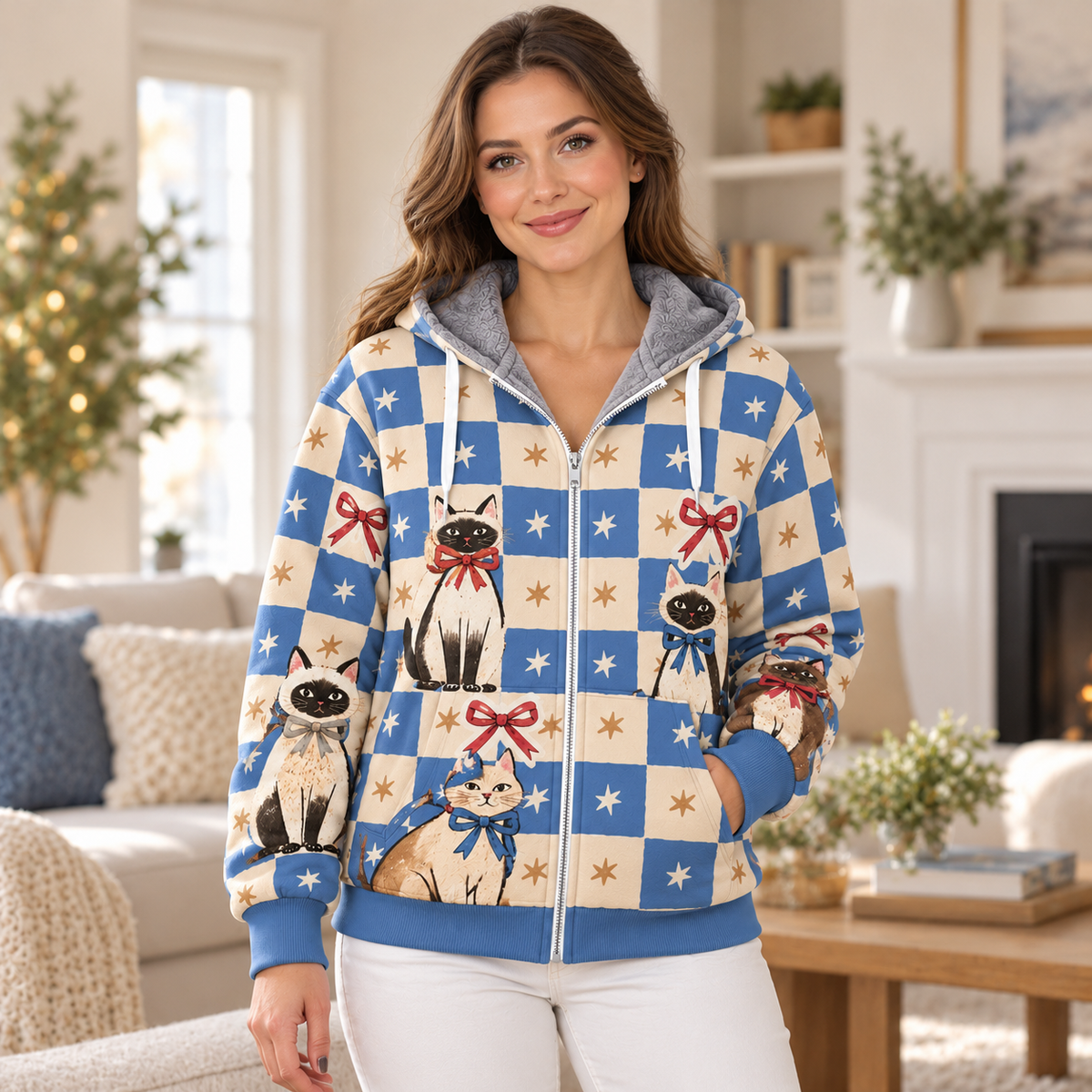 Checkerboard Bow Tie Cat Personalized Fleece Jacket