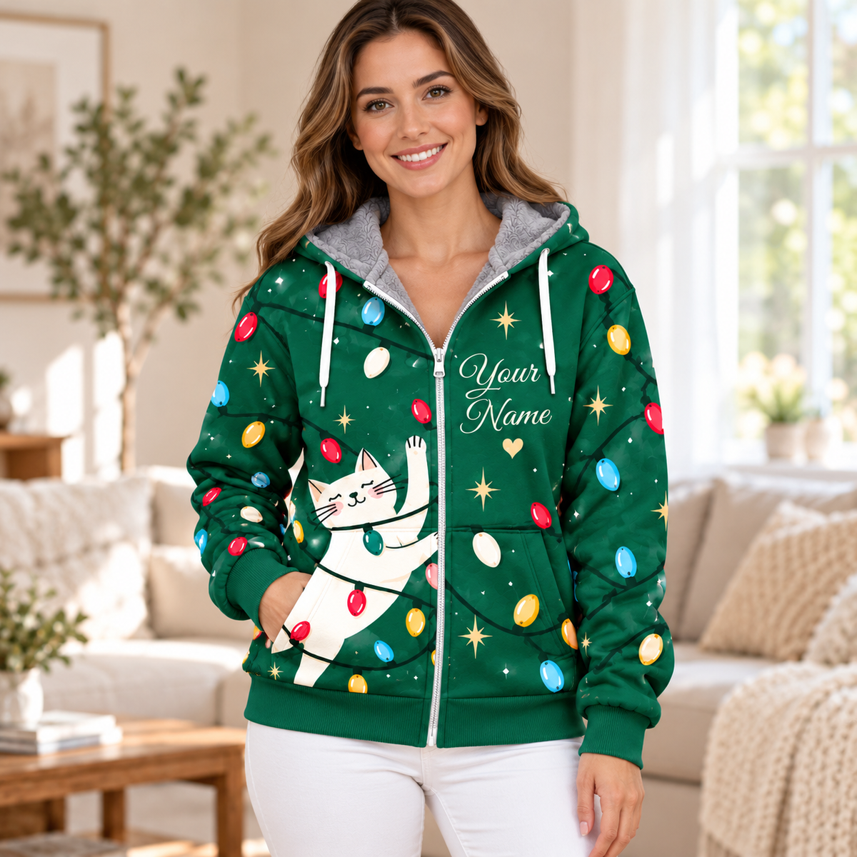 White Cat Christmas Personalized Fleece Jacket