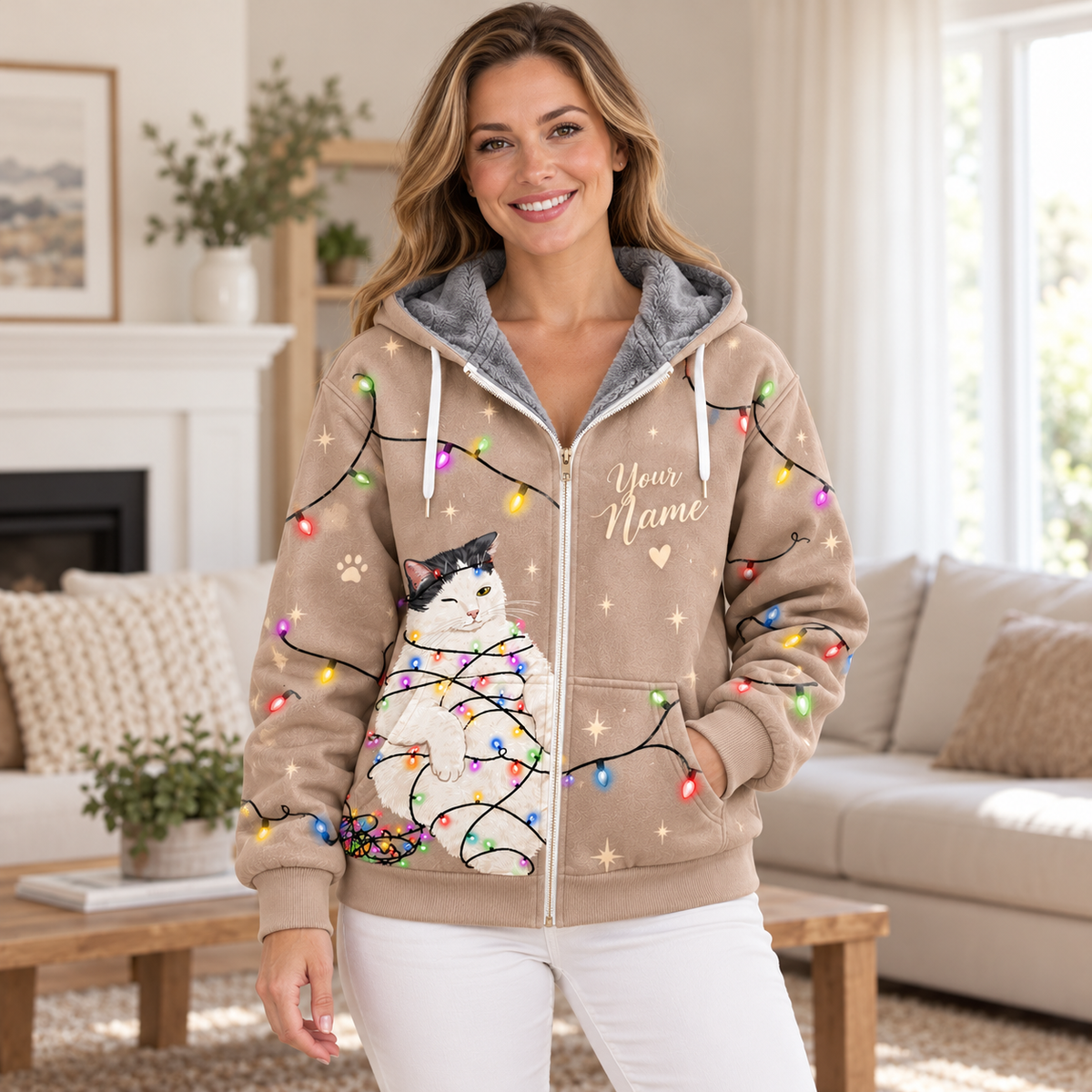 White Cat Christmas Lights Personalized Fleece Jacket