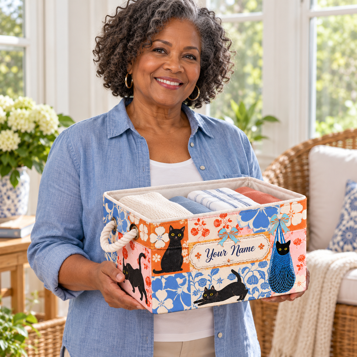 Personalized Colorful Floral Black Cats Storage Basket
