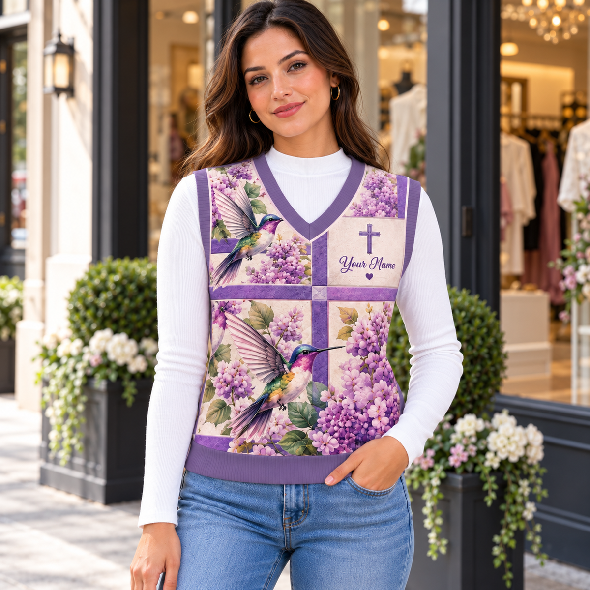 Personalized Lilac Hummingbird Knitted V-Neck Vest