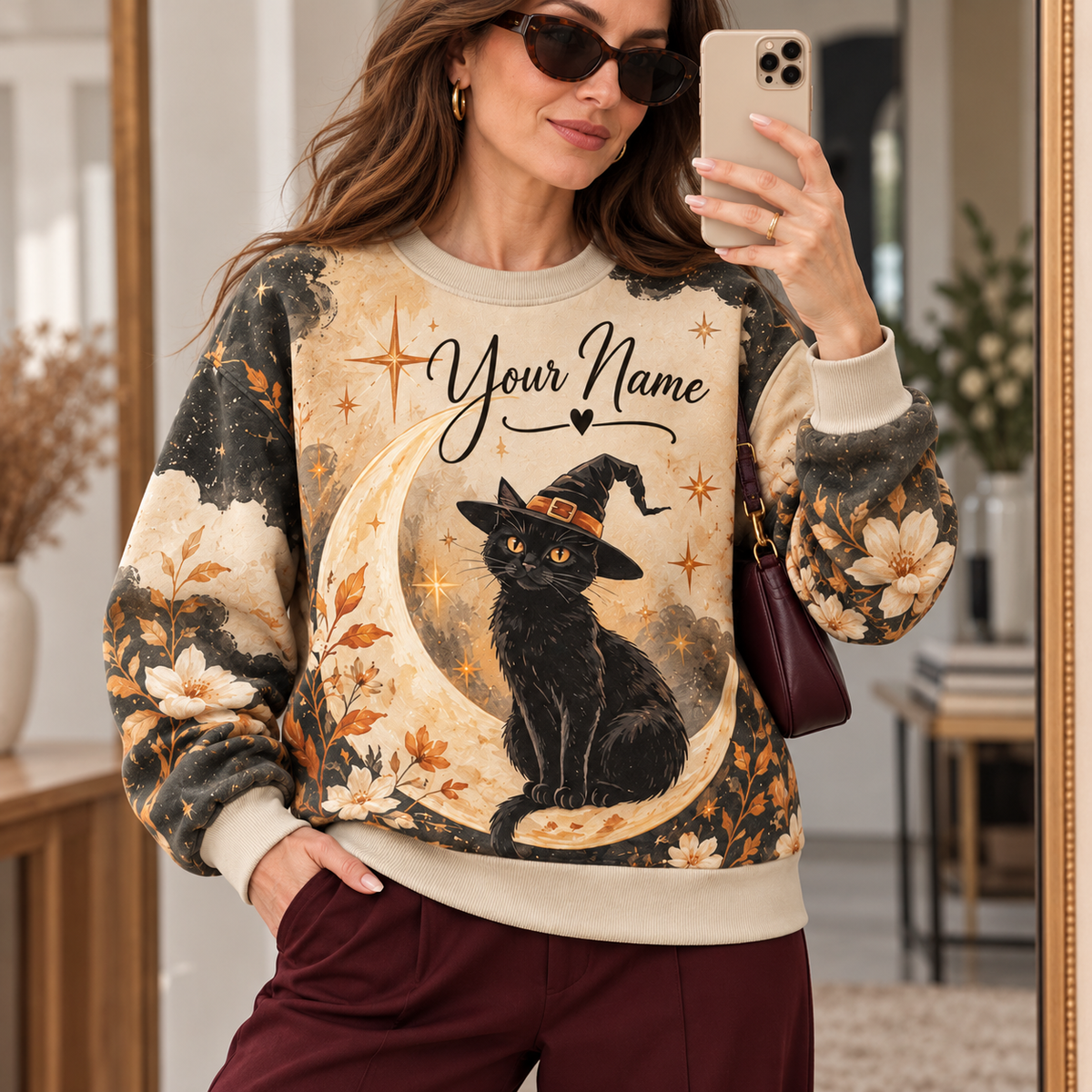 Personalized Crescent Moon Black Cat Sweatshirt