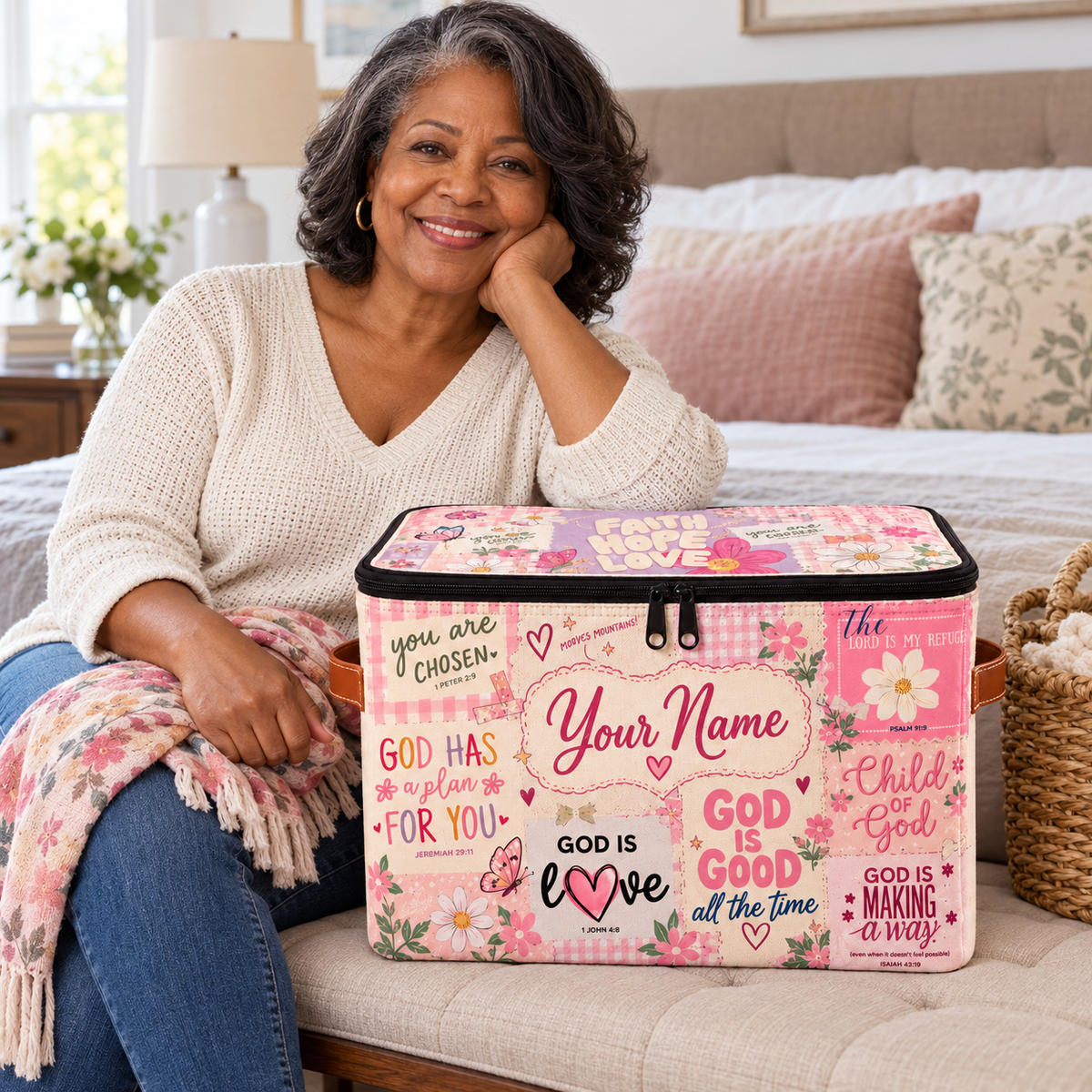 Personalized Pink Floral Square Storage Basket With Lid