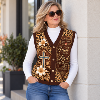Leopard Print Ivory Lily Personalized Knitted Cardigan Vest