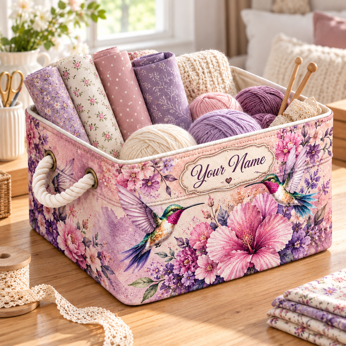 Personalized Hummingbird Floral Storage Basket