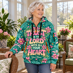 Personalized Teal Pink Floral Half-Zip Hoodie