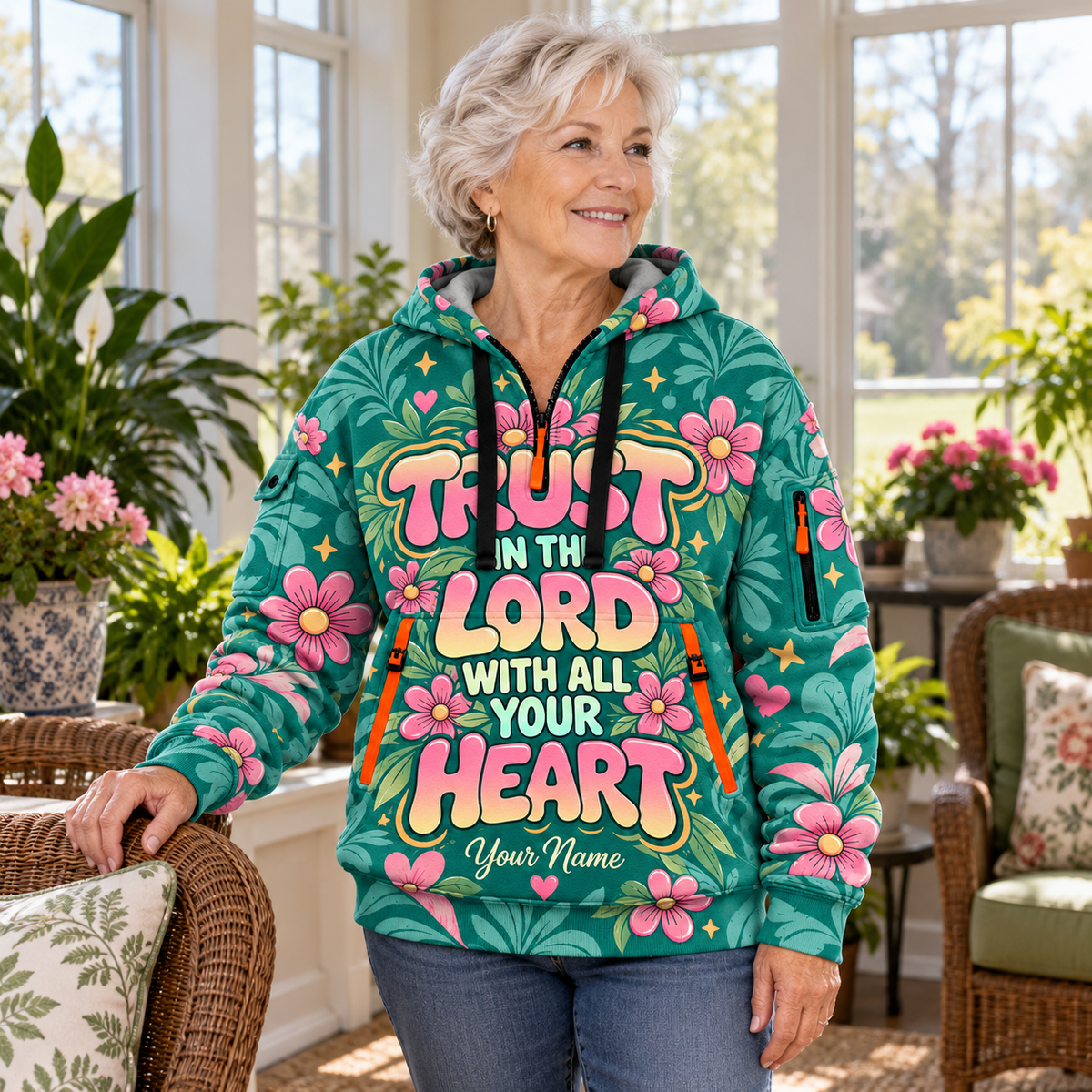 Personalized Teal Pink Floral Half-Zip Hoodie