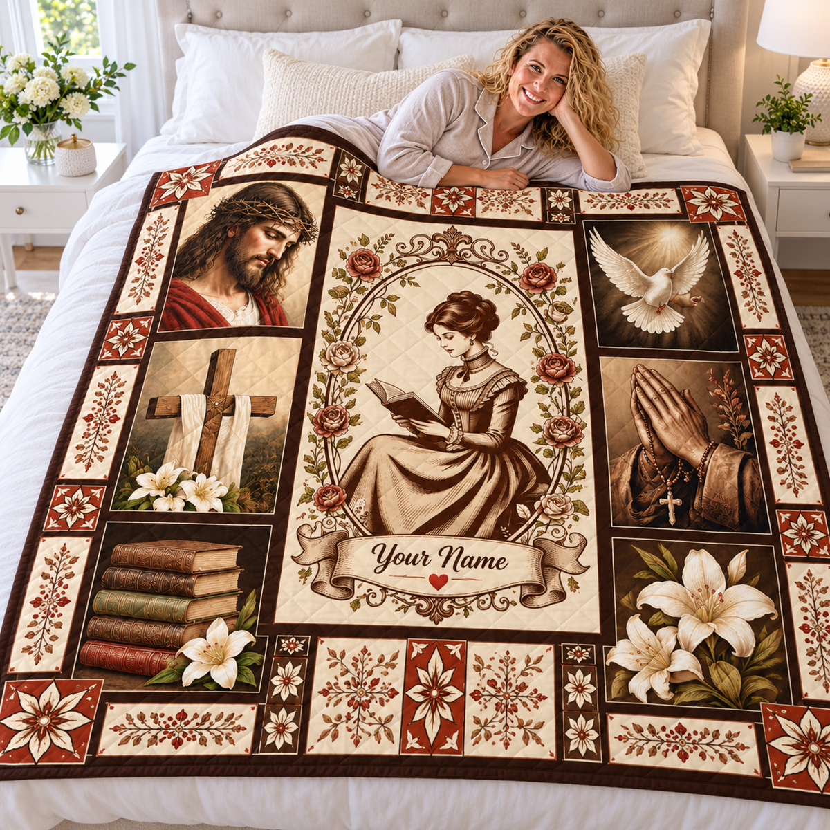 Personalized Vintage Reading Lady Quilt