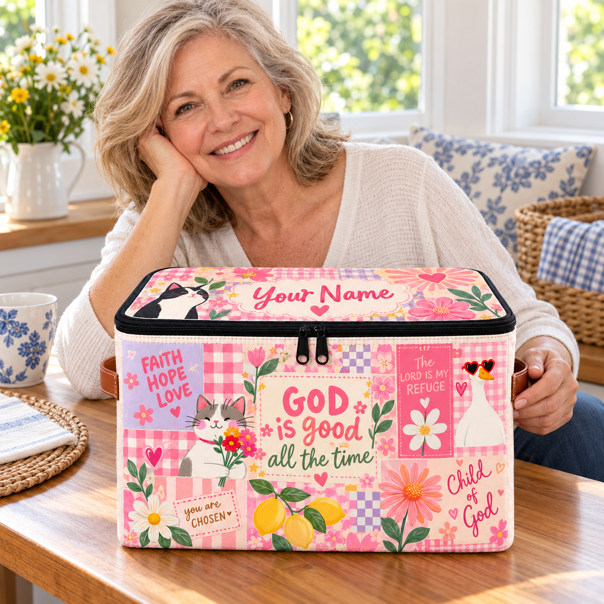 Personalized Pink Gingham Square Storage Basket With Lid