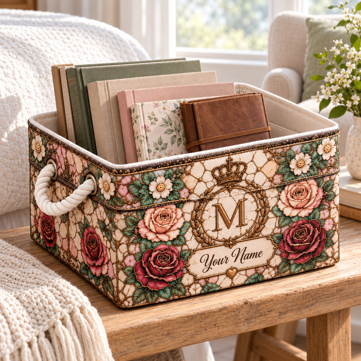 Personalized Vintage Rose Monogram Storage Basket