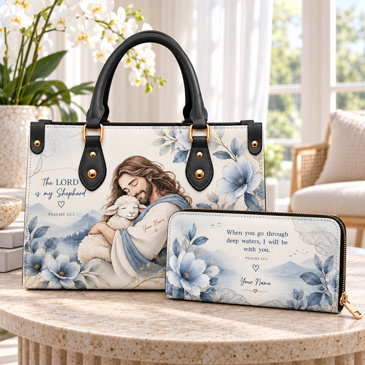 Personalized Blue Floral Shepherd and Lamb PU Leather Handbag & Leather Long Wallet