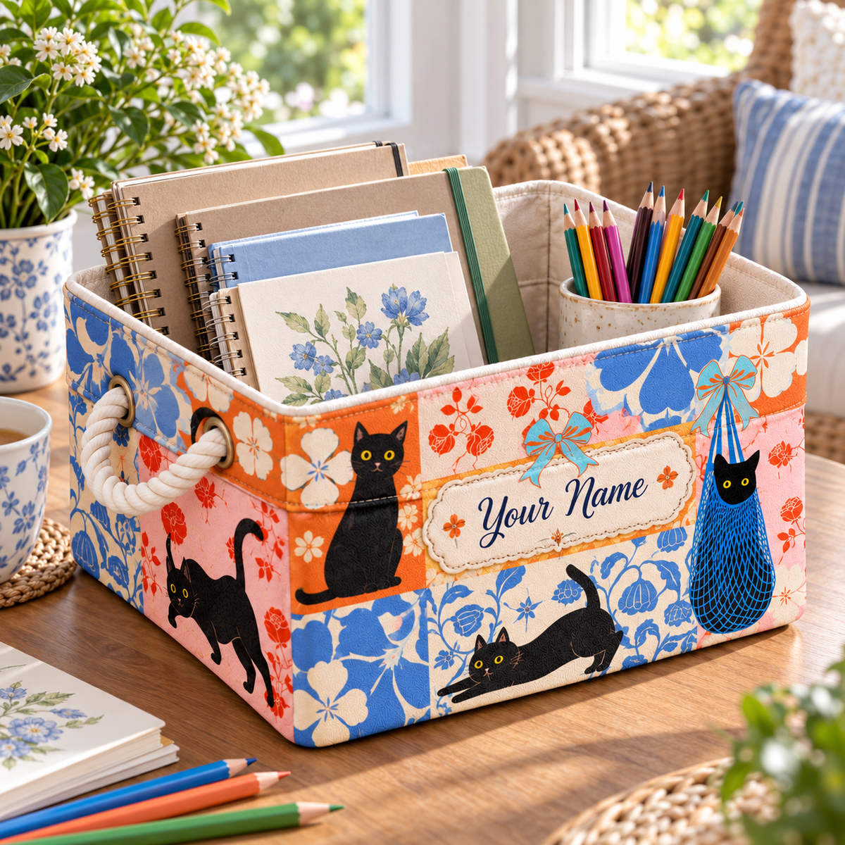 Personalized Colorful Floral Black Cats Storage Basket