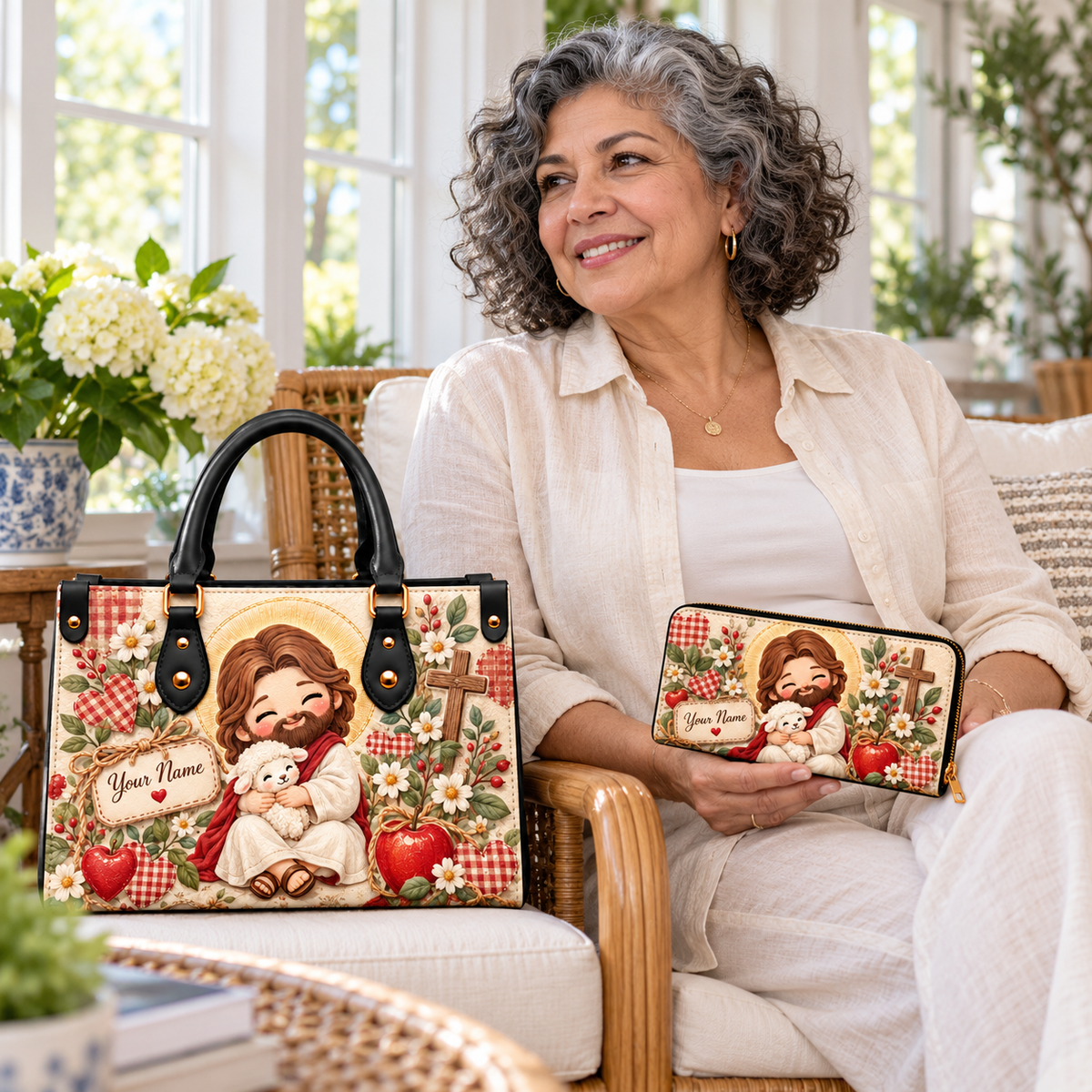Personalized Smiling Shepherd Hugging Lamb PU Leather Handbag & Leather Long Wallet