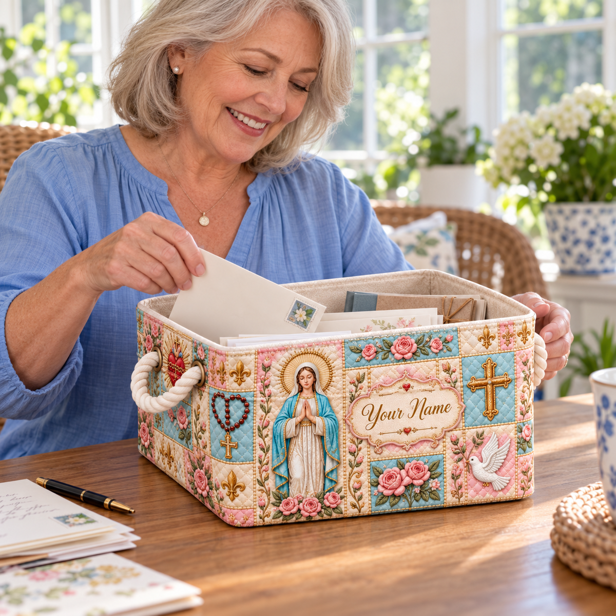 Personalized Pastel Rose Patchwork Storage Basket