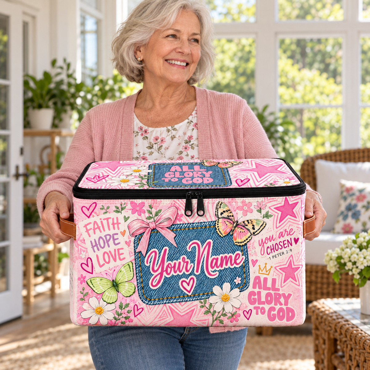 Personalized Pink Denim Square Storage Basket With Lid