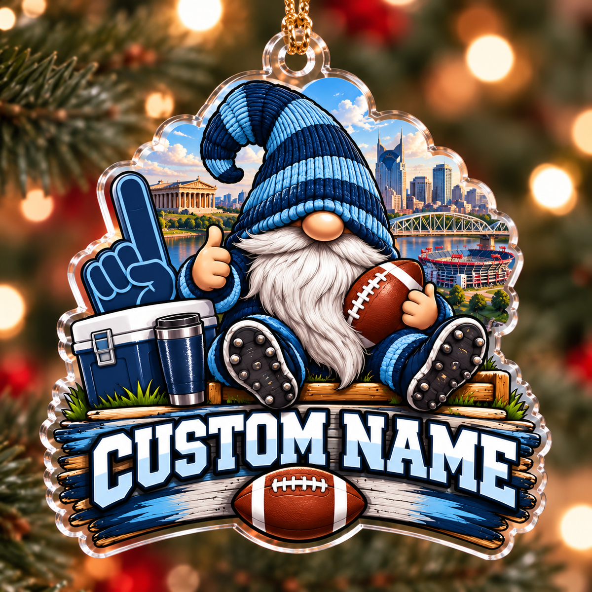 Personalized Navy & Light Blue Football Fan Gnome Christmas Ornament