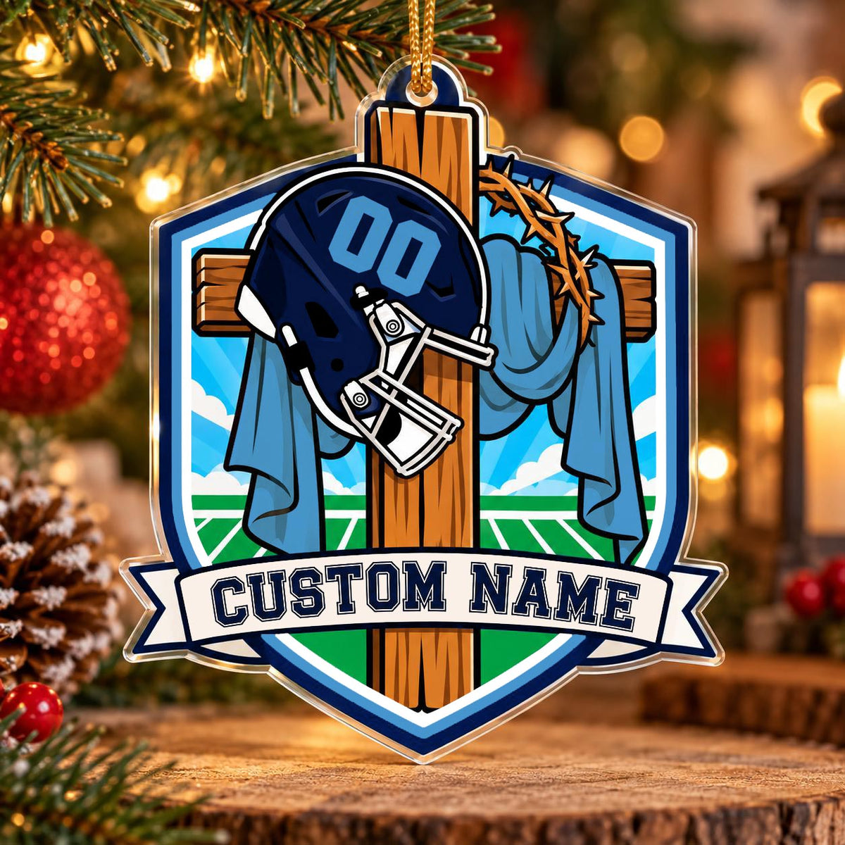 Personalized Navy and Light Blue Football Cross Shield Ornament