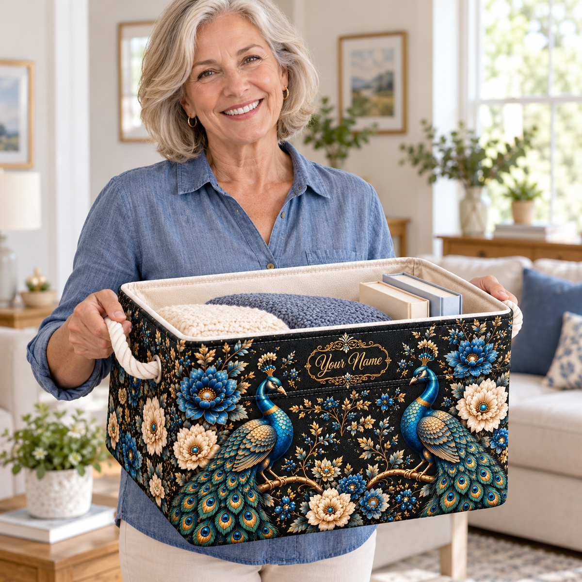 Personalized Blue Peacock Floral Storage Basket
