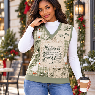 Sage Gingham Goose Personalized Knitted V-Neck Vest