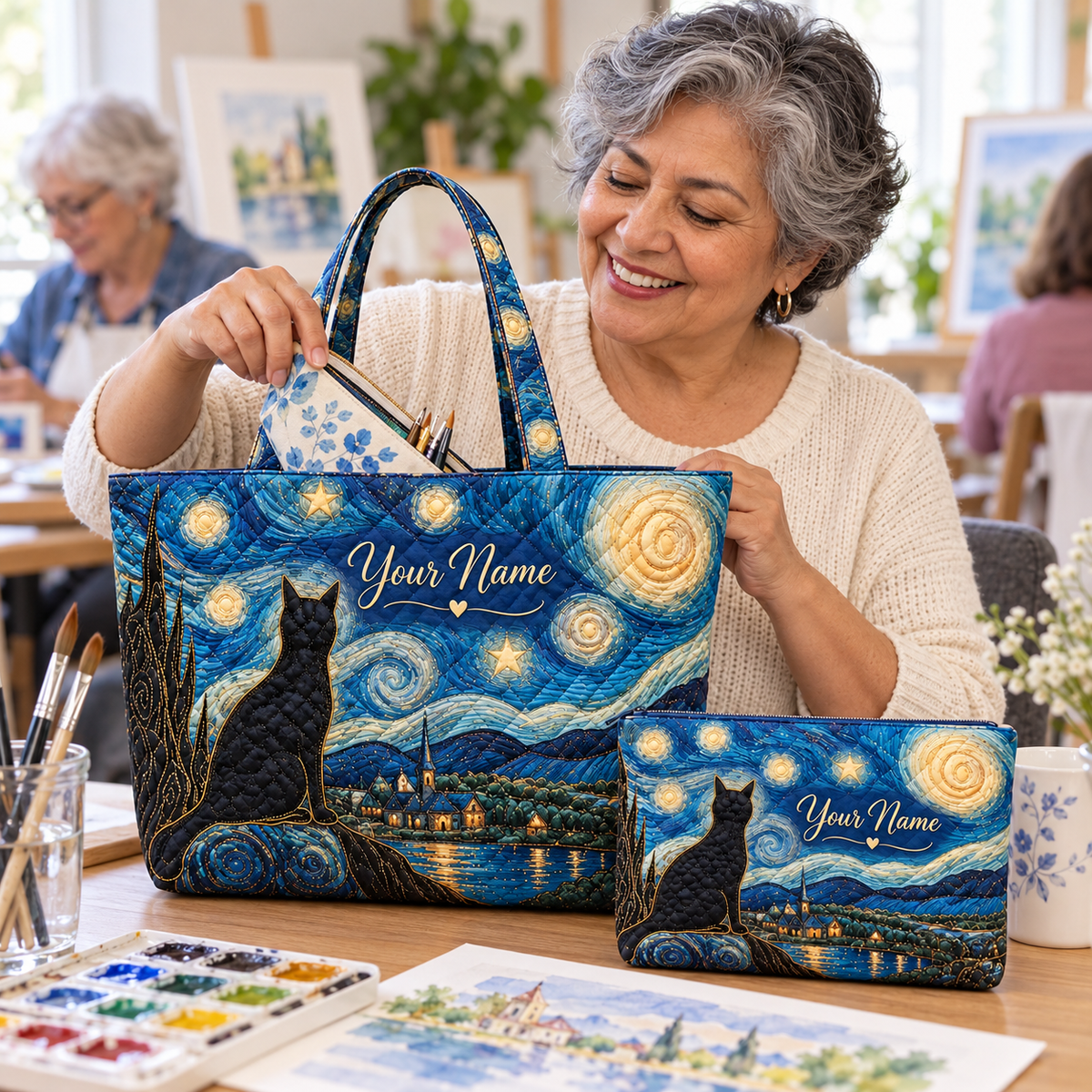 Personalized Starry Night Cat Quilted Shoulder Bag & Storage Bag