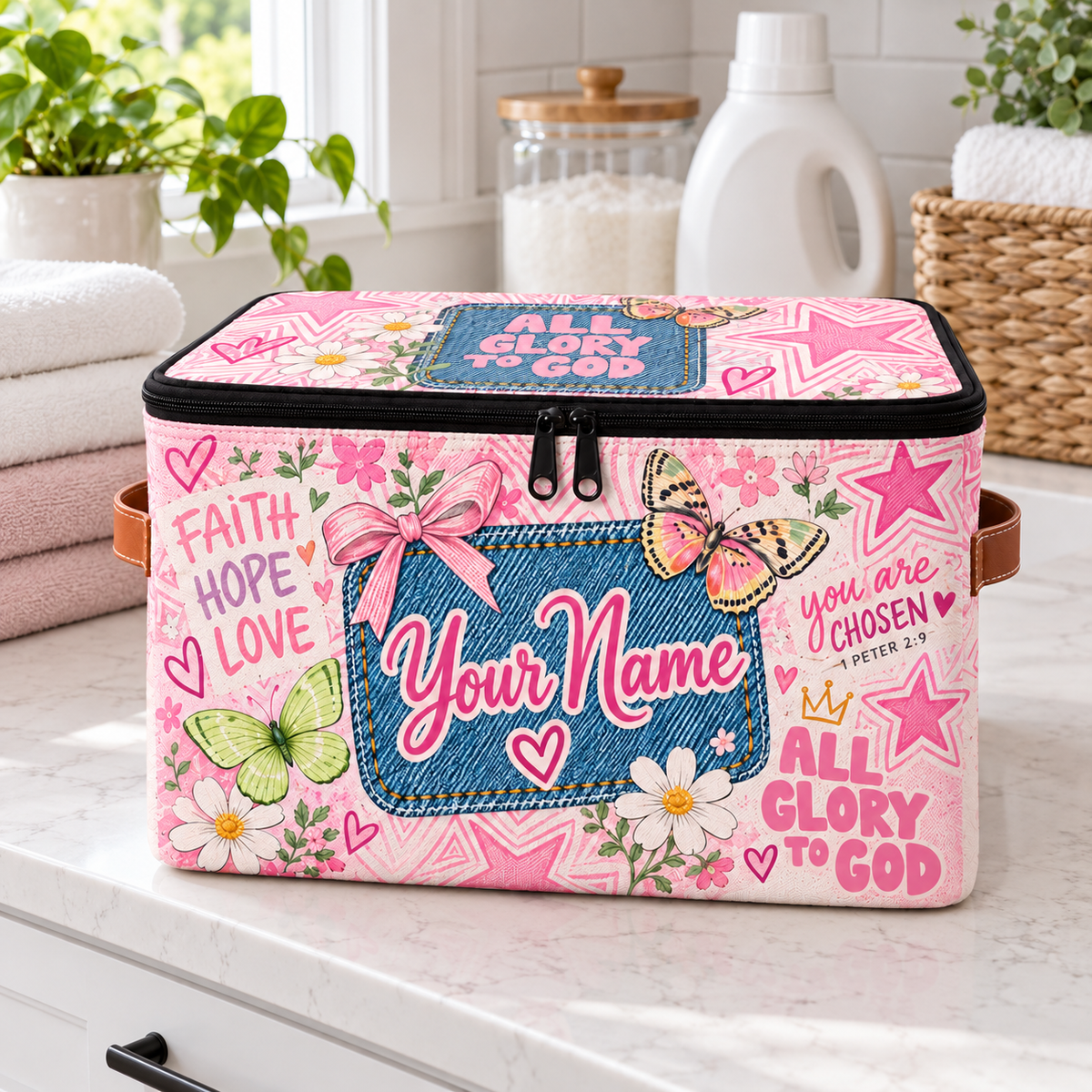 Personalized Pink Denim Square Storage Basket With Lid