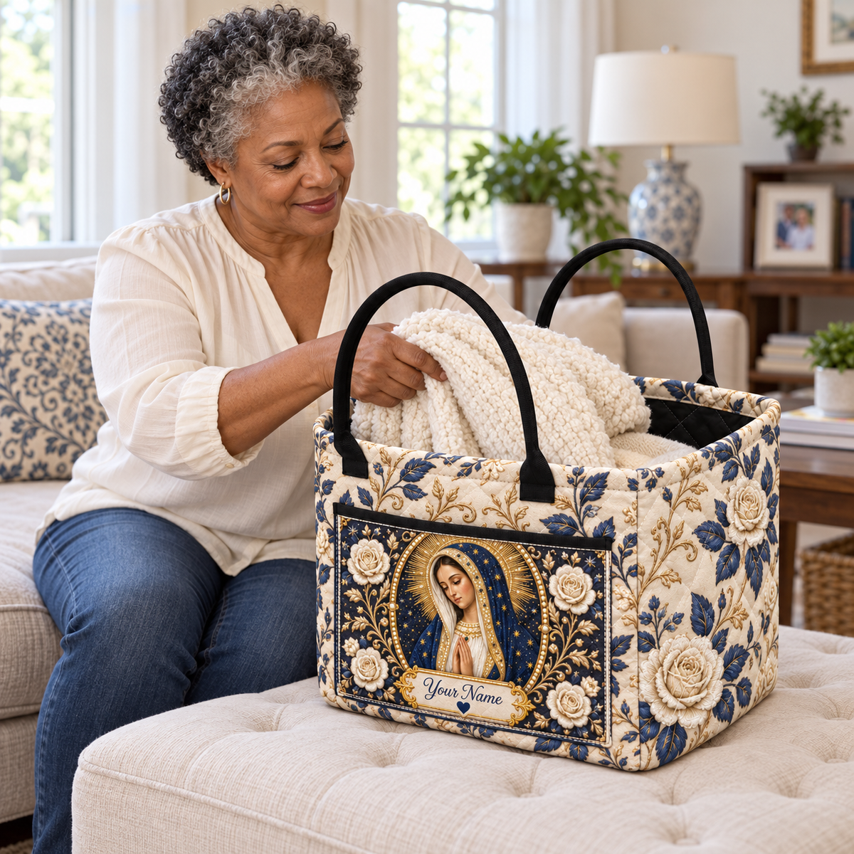 Personalized Ivory Rose & Navy Quilted Storage Basket