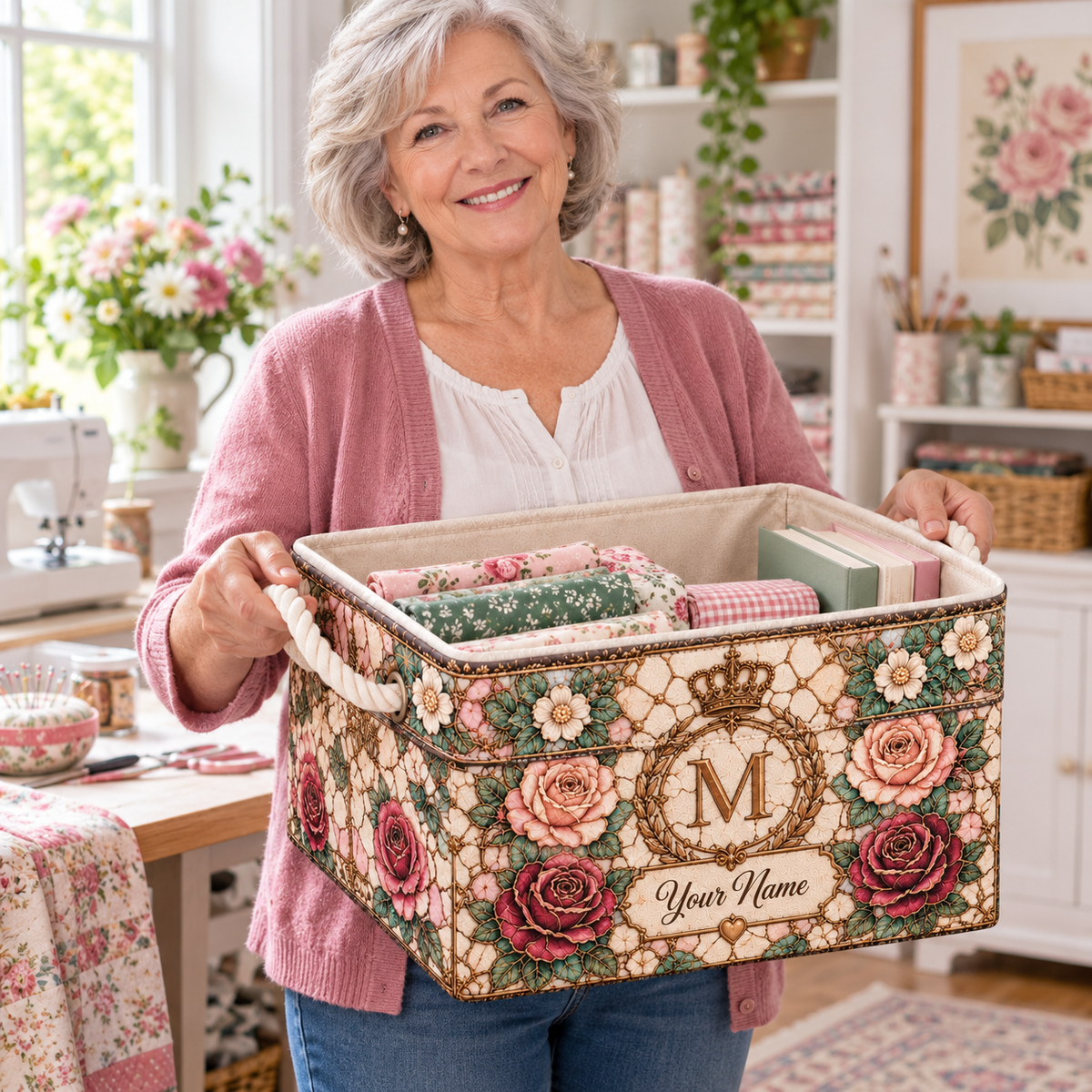 Personalized Vintage Rose Monogram Storage Basket