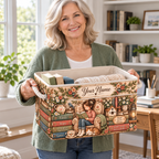 Personalized Reading Girl and Cat Storage Basket
