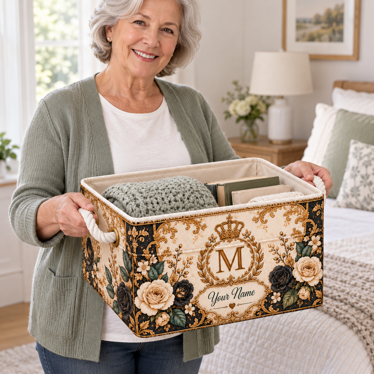 Personalized Black Cream Rose Monogram Storage Basket