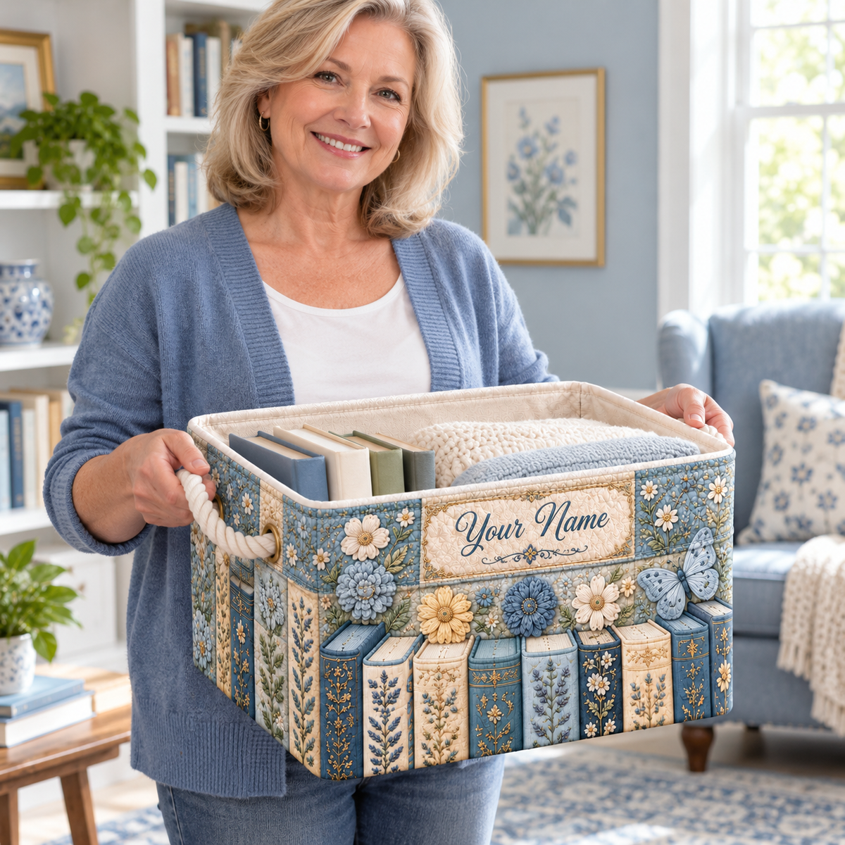 Personalized Blue Floral Books Storage Basket