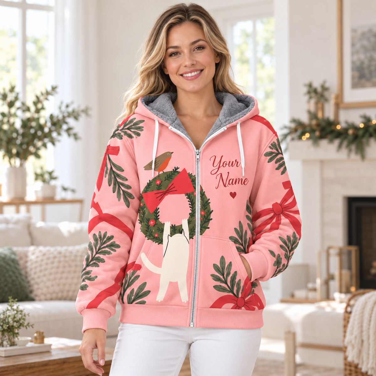 White Cat Christmas Wreath Personalized Fleece Jacket