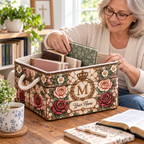 Personalized Vintage Rose Monogram Storage Basket