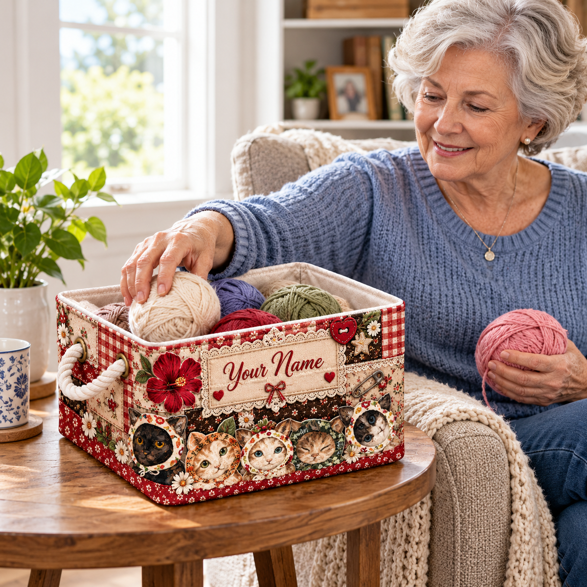 Personalized Floral Cats Patchwork Storage Basket
