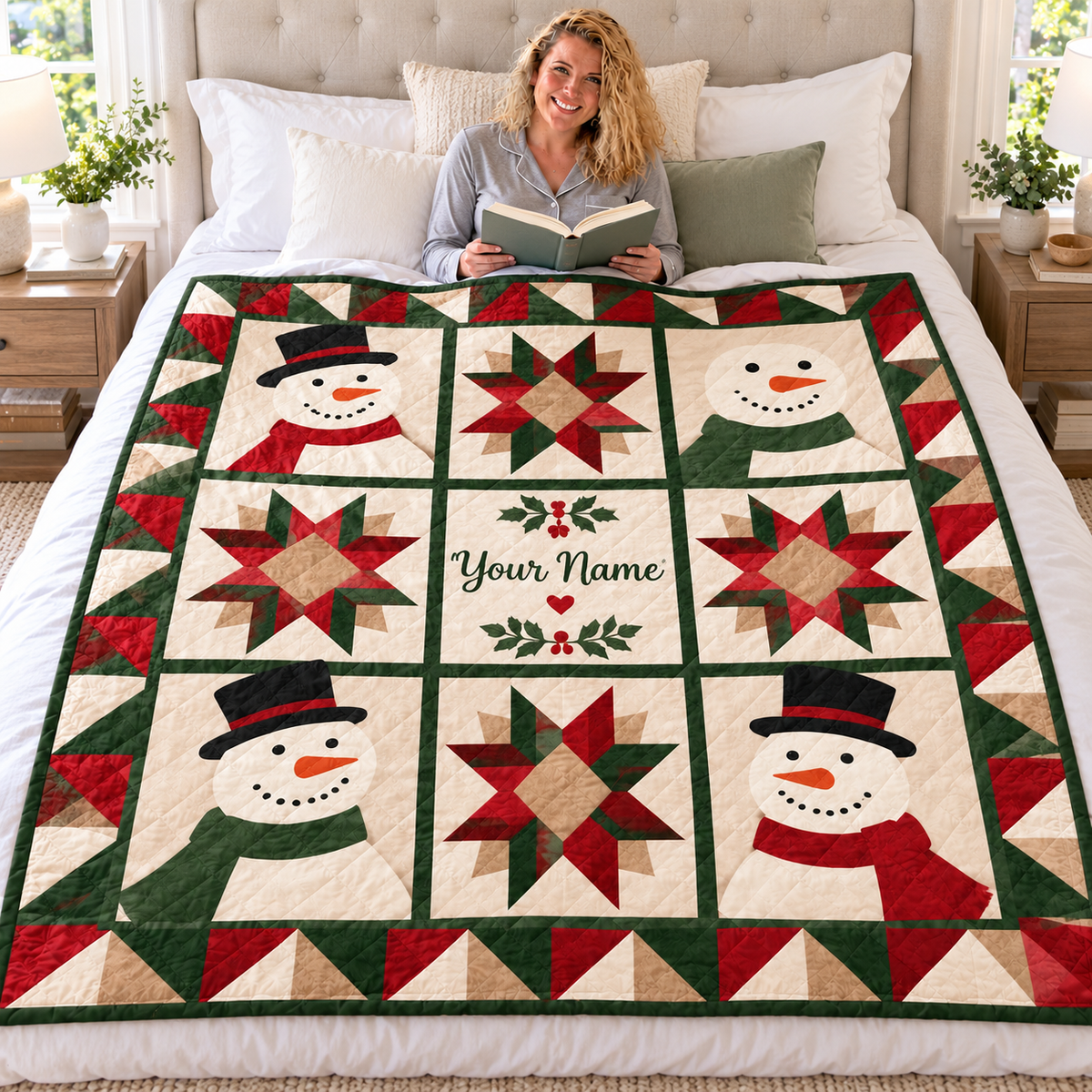 Personalized Snowmen and Patchwork Stars Quilt
