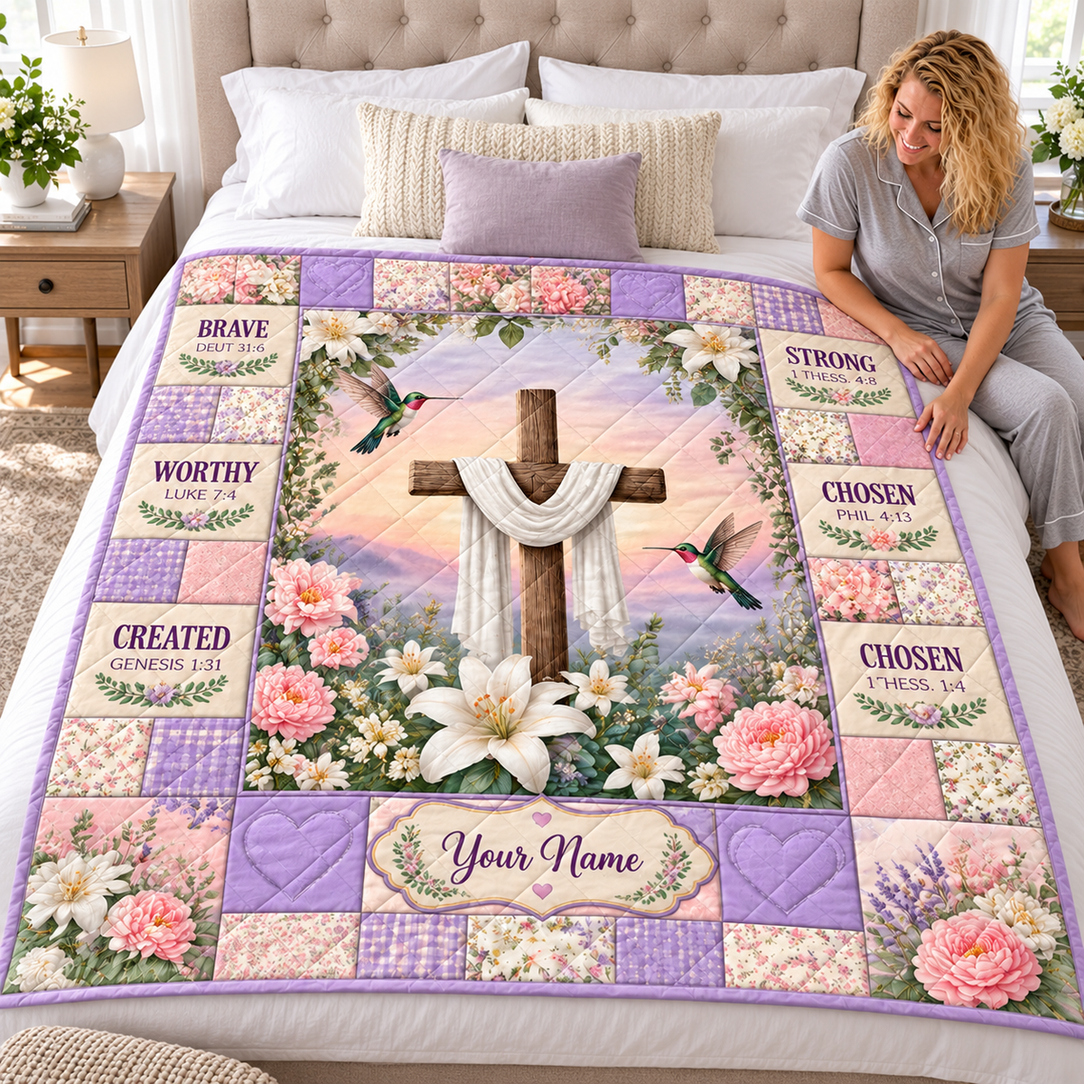 Personalized Lavender Hummingbird Floral Quilt