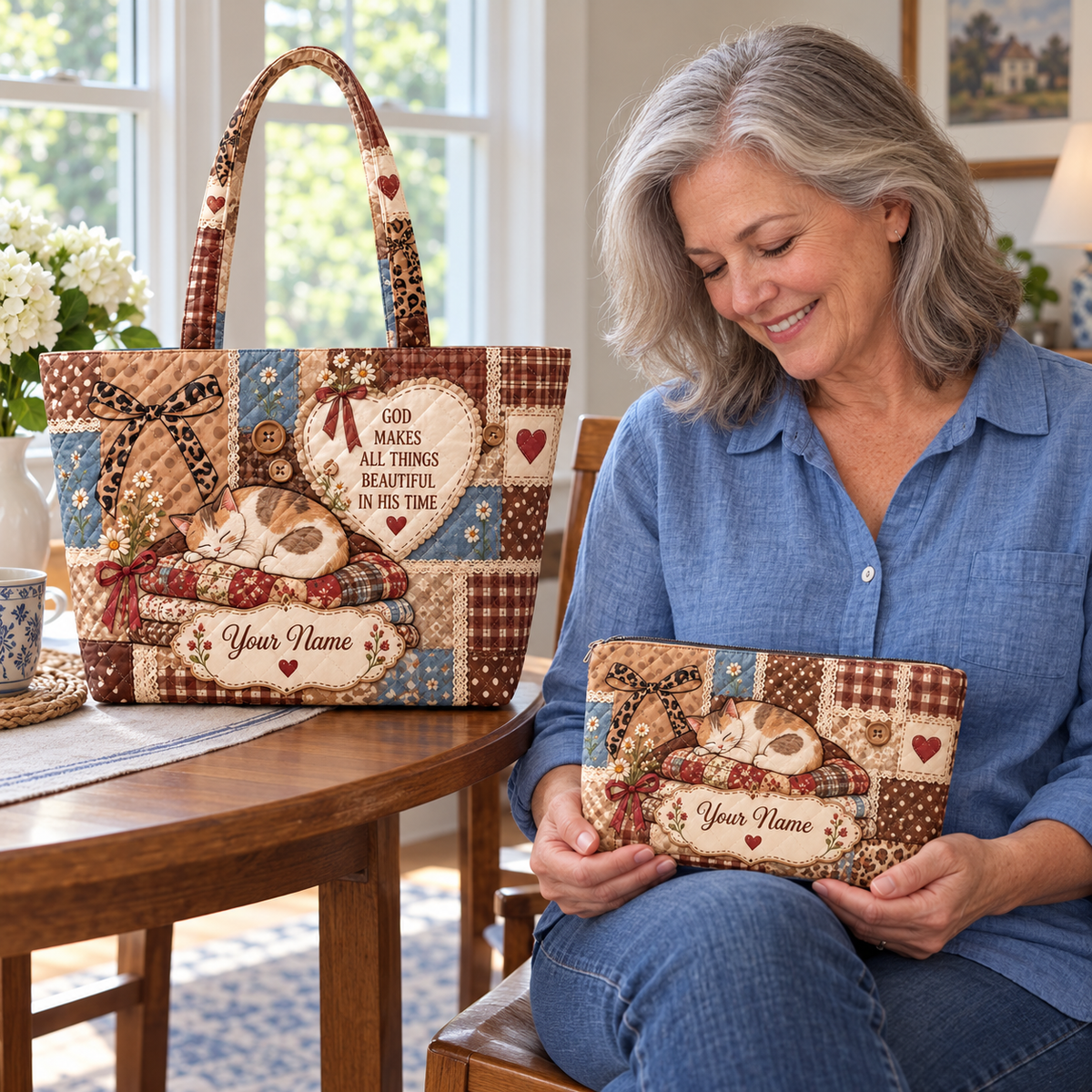 Personalized Cozy Sleeping Cat Quilted Shoulder Bag & Storage Bag