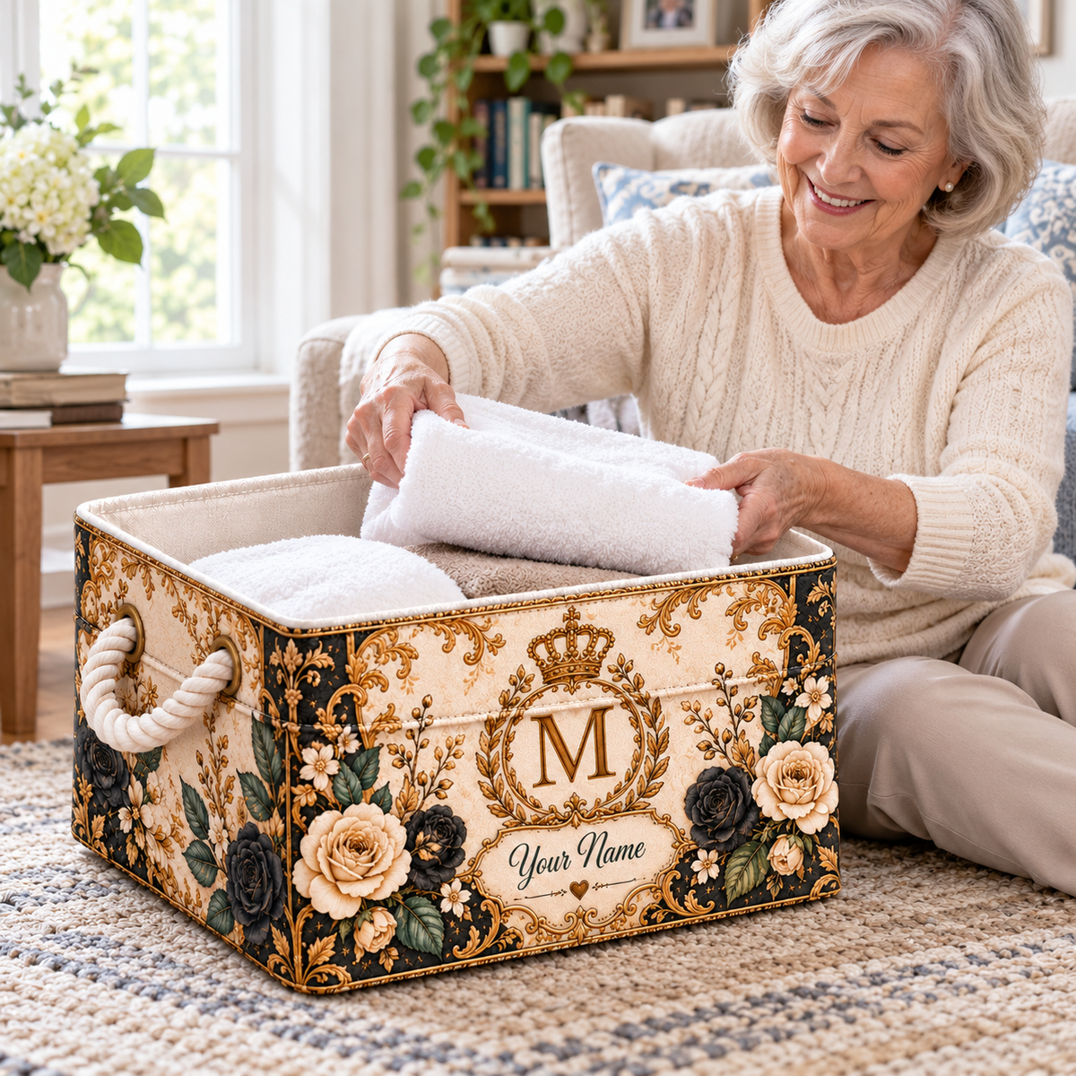 Personalized Black Cream Rose Monogram Storage Basket